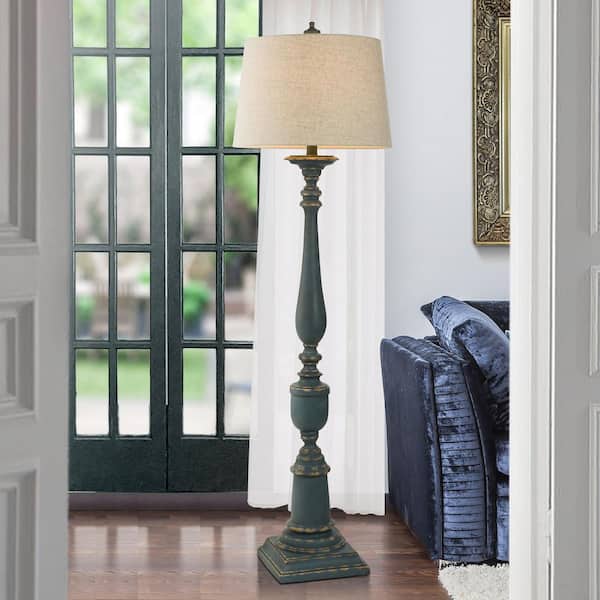 Bourgault 64 in. Peacock Blue 1-Light Standard Floor Lamp with Linen Drum Shade