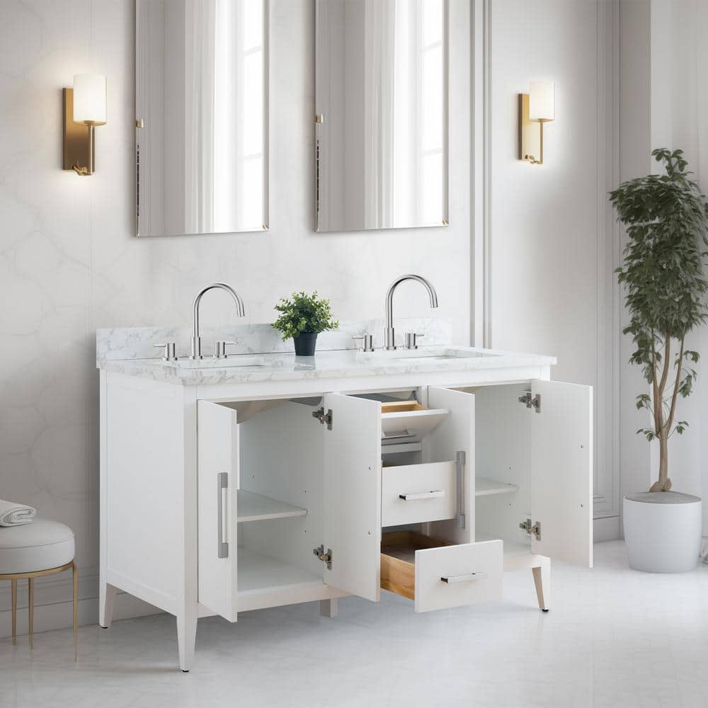 60" White Double Sink Bathroom Vanity with Marble Top