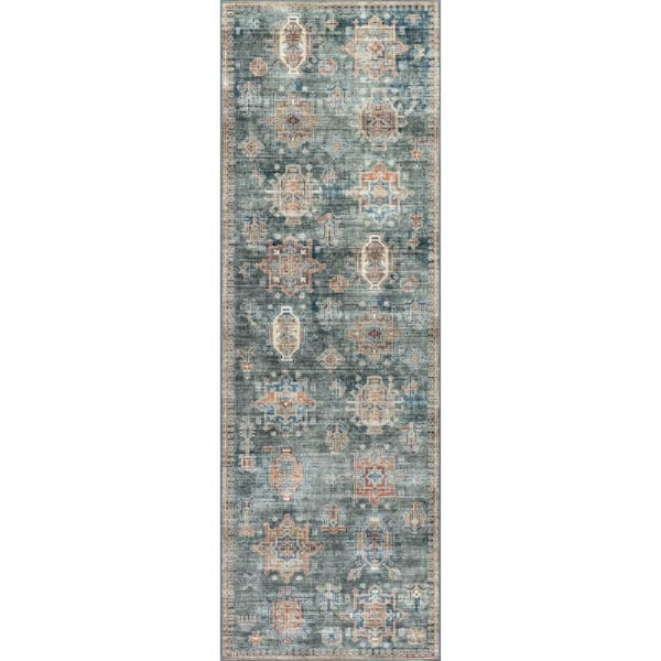 Philomena Medallion Spill Proof Machine Washable 2 ft. 6 in. 8 ft. Green Runner Rug