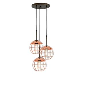 Metro 3-Lights Dark Bronze Globe Pendant Light with Polished Copper Wire Shades