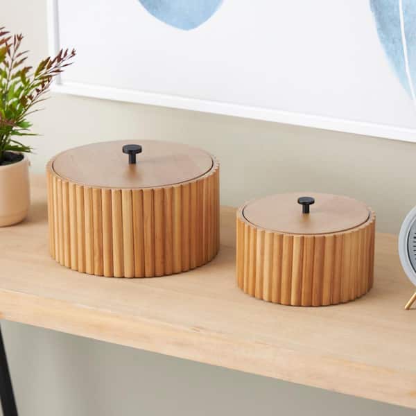 Litton Lane Round Wooden Handmade Slatted Box with Lids (Set of 2)