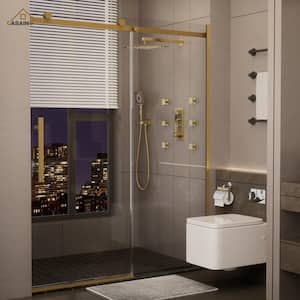 60 in. W x 76 in. H Sliding Frameless Shower Door in Brushed Gold Finish with Soft-closing and 3/8 in. Tempered Glass