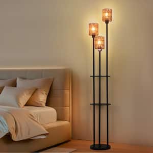 69 in. 3-Light Black Modern Rope Standard Floor Lamp with Rattan Shade Marble Base For Living Room Bedroom Sofa Desk