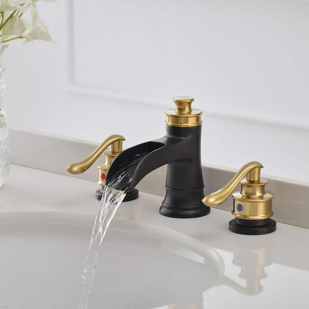 Gold and Black Widespread Double Handle Waterfall Faucet