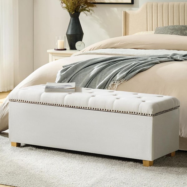 Norman White Transitional Tufted Storage Bench with Nailhead Trim