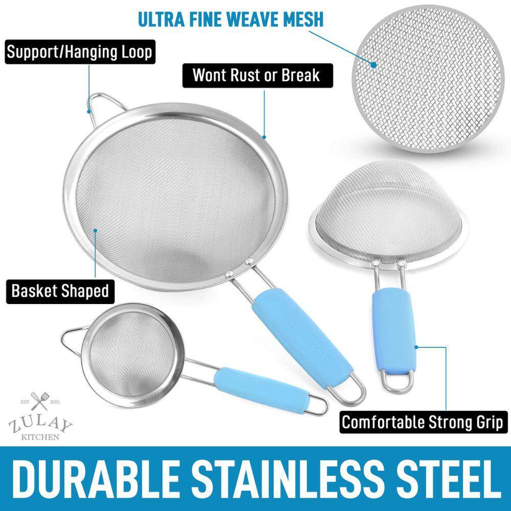 Blue Stainless Steel Mesh Strainer Set with Non-Slip Handles