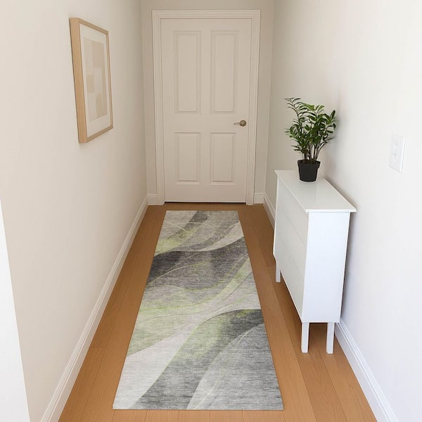 Mayfield Premium Machine Washable Abstract AMF1668 Aloe 2 ft. 3 in. x 7 ft. 6 in. Runner Rug