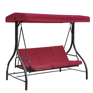 Red 3-Person Metal Outdoor Patio Swing Chair Yard Lounge Chair with Adjustable Canopy and Removable Cushions