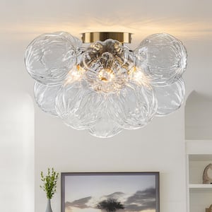 Bublume 17.72 in. 3-Light Gold Modern Glam Clear Pumpkin Swirled Glass Globes Bubble Flush Mount Ceiling Light