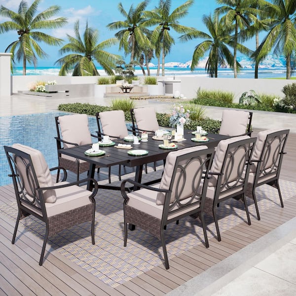 9-Piece Metal Patio Outdoor Dining Set with Extendable Rectangle Table and Stationary Chairs with Beige Cushions