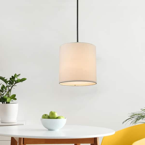 10 in. 1-Light Black Drum Pendant Light Fixture with Linen Shade