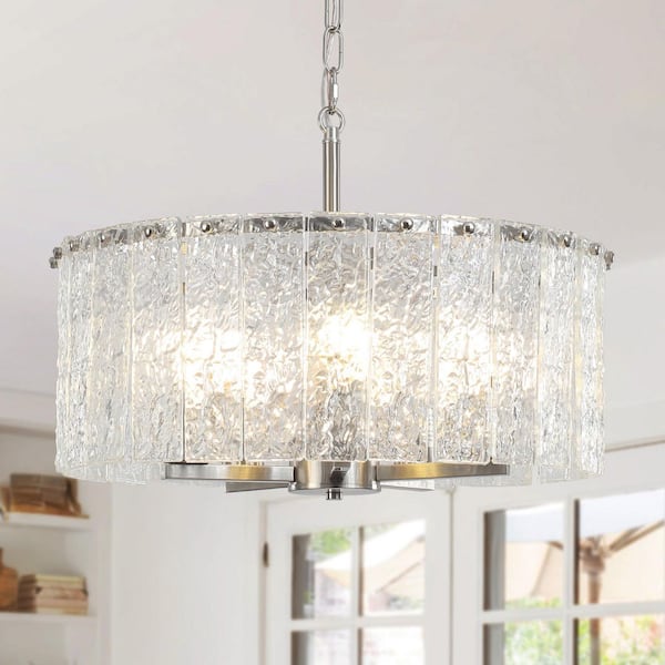5-Light Nickel Farmhouse Height Adjustable Chandelier with Ripple Glass Drum Shade for Kitchen Island