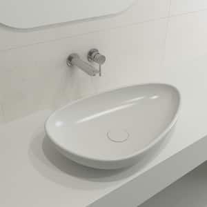 Etna 23.25 in. Matte White Fireclay Oval Vessel Sink with Matching Drain Cover
