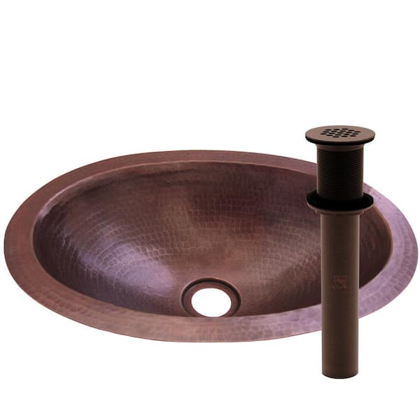 Novatto Quito Pequeno Oval Copper Bathroom Sink and Oil Rubbed Bronze Strainer Drain, Undermount/Drop-in