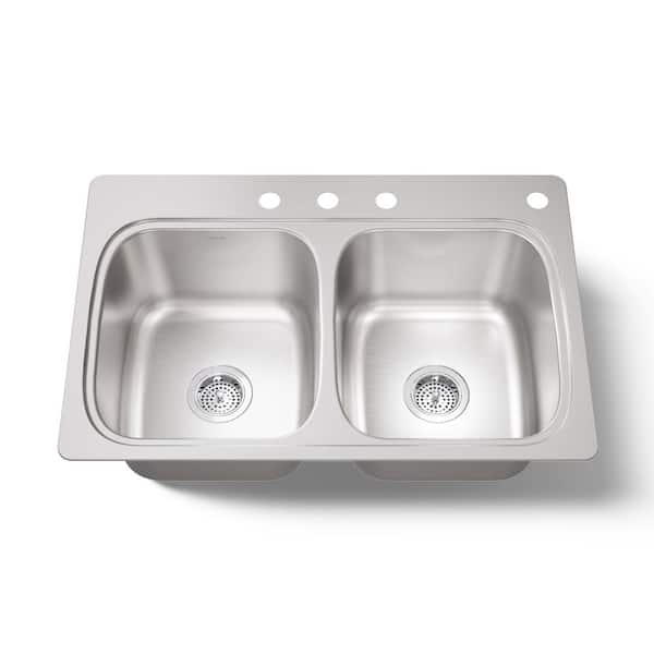 Verse 33 in. Drop-in Double Bowl 18-Gauge Stainless Steel Kitchen Sink with 4-Holes