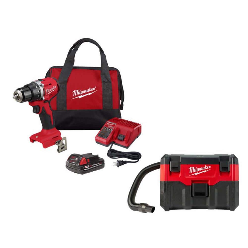 Milwaukee M18 18V Lithium-Ion Brushless Cordless Compact Drill/Driver w/ (1) 2.0Ah Battery, Charger & Bag w/ M18 2 Gal Vac -  3601-21P-0880