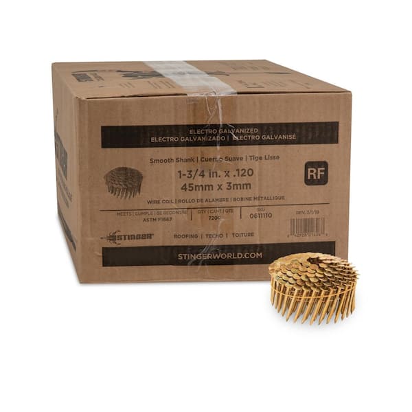 Stinger 1-3/4 in. x 0.120-Gauge Electro Galvanized Smooth Shank Wire Coil Roofing Nails (7200 per Box)
