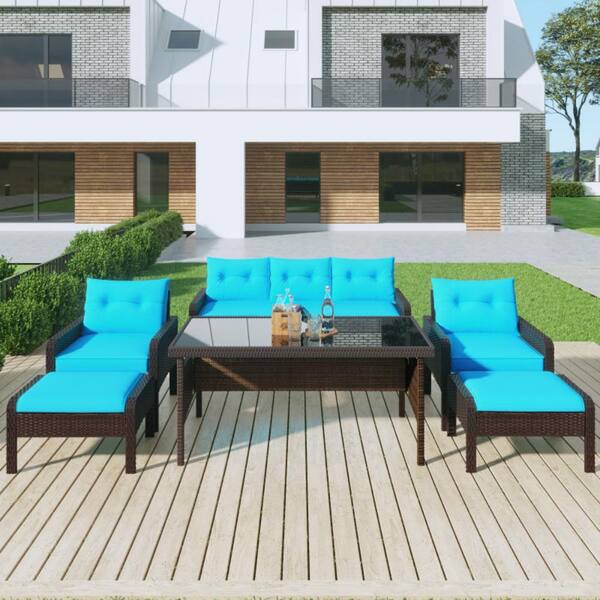 HOTEBIKE 6-Piece Outdoor Brown Patio PE Wicker Rattan Sofa Set (Blue Removable Cushions Tempered Glass Tea Table)