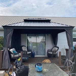 12 ft. x 14 ft. Gray Aluminum Hardtop Gazebo Canopy for Patio Deck Backyard Heavy-Duty with Netting and Curtains