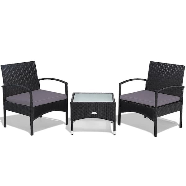 Gymax 3 -Pieces Patio Wicker Rattan Furniture Set Coffee Table & 2 Rattan Chair with Cushion Gray