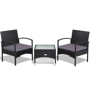 3 -Pieces Patio Wicker Rattan Furniture Set Coffee Table & 2 Rattan Chair with Cushion Gray