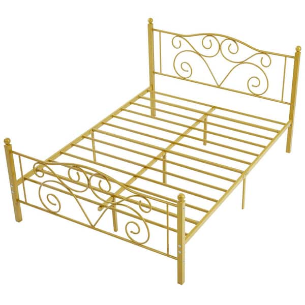 Bed Frame Full Size Bed Mattress Foundation Support with Headboard and Footboard Metal Platform Bed, Gold
