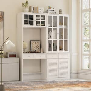 63 in. W Rectangle White Wooden 4-Drawer Computer Desk, Writing Desk with 5 Display Shelves, 2 Storage Shelves & 6 Doors