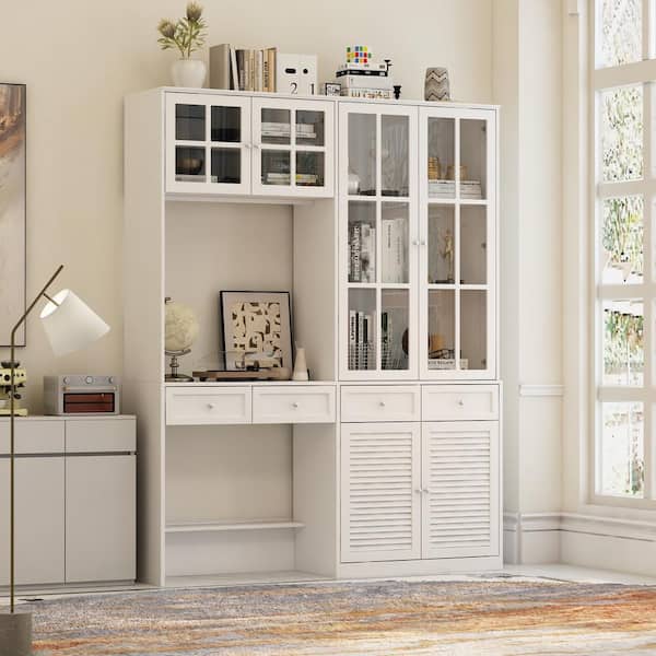 FUFU&GAGA 63 in. W Rectangle White Wooden 4-Drawer Computer Desk, Writing Desk with 5 Display Shelves, 2 Storage Shelves & 6 Doors
