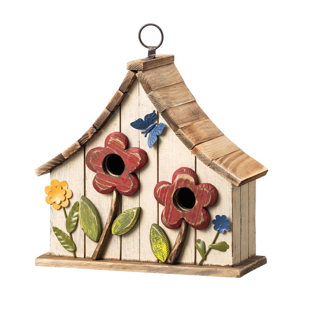 Distressed White Wooden Two-Story Garden Birdhouse with 3D Flowers