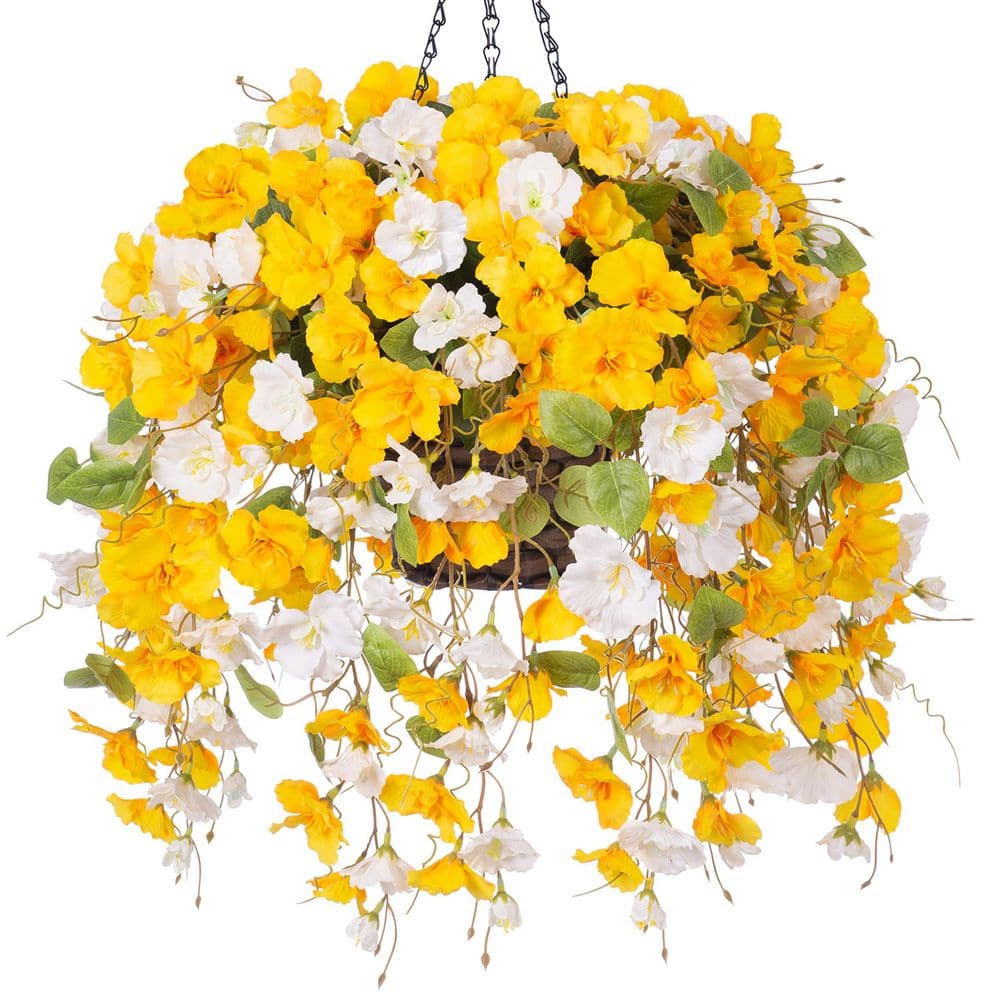 フラワー・ガーデニング Hoa 21.6 in. Yellow Artificial Hibiscus Flowers with Basket for