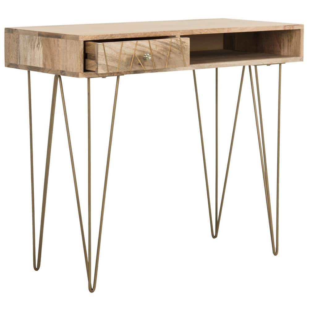 Transitional Beige Wood Home Office Desk with Drawer