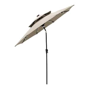 9 ft. Double Top Aluminum Market Solar Lighted Tilt Patio Umbrella with LED in Taupe Solution Dyed Polyester
