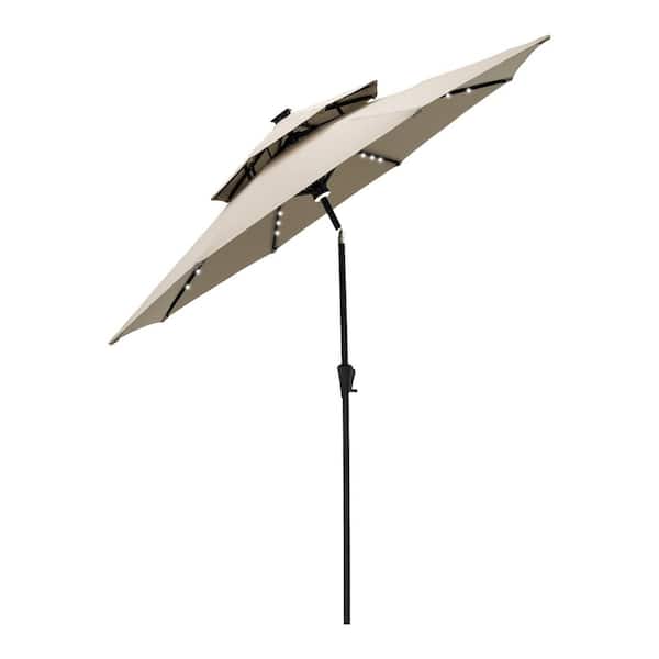FLAME&SHADE 9 ft. Double Top Aluminum Market Solar Lighted Tilt Patio Umbrella with LED in Taupe Solution Dyed Polyester