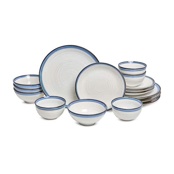 Siterra Santorini 16-Piece Stoneware Dinnerware Set, White/Blue, Service for 4, Microwave and Dishwasher Safe