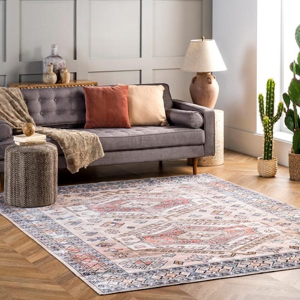 Mae Machine Washable Tribal Motif Peach 8 ft. x 10 ft. Indoor Area Rug
