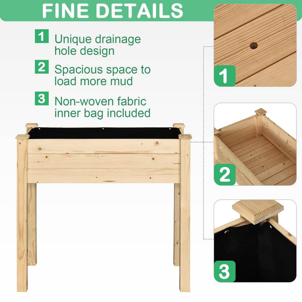 Natural Fir Wood Elevated Outdoor Raised Planter Box with Drainage