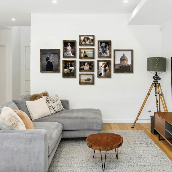 10 Pack Brown Wood Frame Tempered Glass Collage Picture Frames, 8 x 10, 5 x 7, 4 x 6 for Wall / Tabletop Display