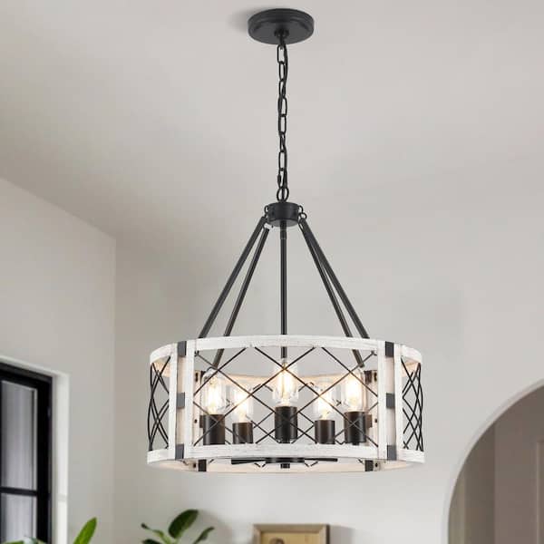 5-Light Black and Gray Vintage Adjustable Drum Chandelier Candlestick Linear Chandelier for Living Room