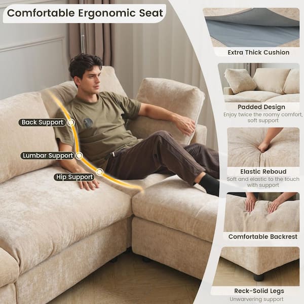 100 in. Square Arm 6-Piece Chenille L-Shaped Sectional Sofa Rearrangeable Solid Wood Cloud Couch in Khaki with Ottoman