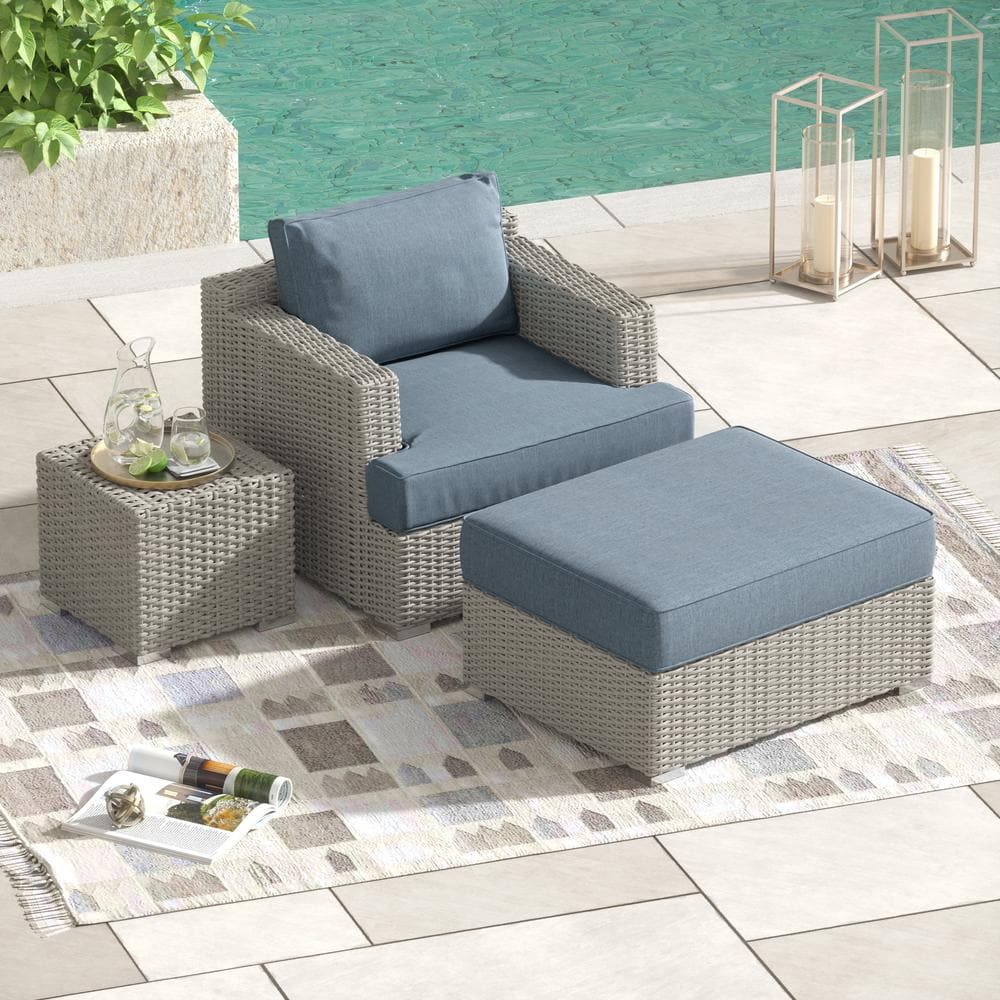 CORVUS Isla Gray 3-Piece Aluminum Outdoor Lounge Chair and Ottoman with Sunbrella Blue Cushions, Side Table included -  CC060