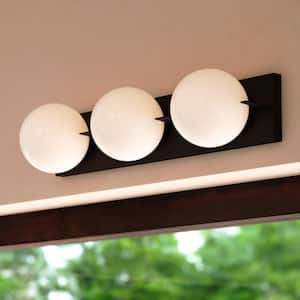 Parkview 24 in. 3 Light Vanity Light LED Compatible Black Mid-Century Modern Bathroom Vanity Wall Fixture White Glass