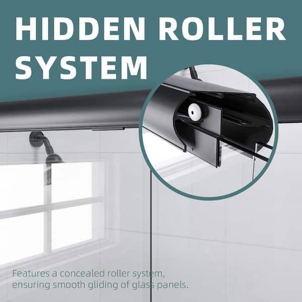 Ridge 56 in. W x 60 in. H Sliding Semi-Frameless Tub Door in Matte Black Finish with Clear Glass