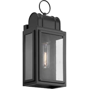 Landstone 1-Light 13.5 in. Matte Black Outdoor Wall Lantern with Clear Glass