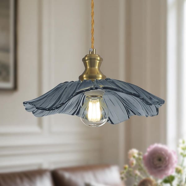RayHome 11 in. 1-Light Blue Vintage Pendant Light Over Bar with Flower Shade for Dining Room, Kitchen Island, Enteryway