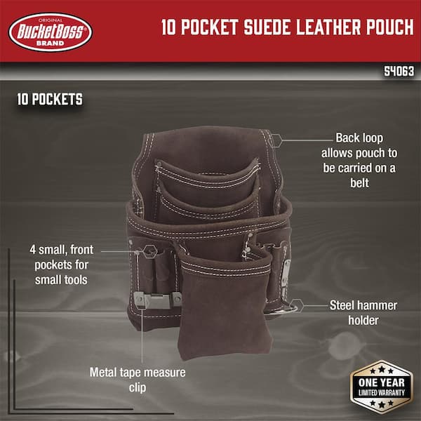 BUCKET BOSS 10 Pocket Suede Leather Work Tool Belt Pouch with Steel Hammer  Loop and Tape Measure Holder 54063 - The Home Depot