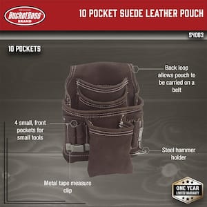 10 Pocket Suede Leather Work Tool Belt Pouch with Steel Hammer Loop and Tape Measure Holder