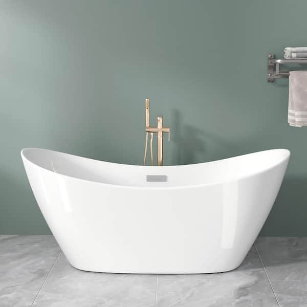 67 in. x 30 in. Acrylic Soaking Bathtub with Chrome Overflow and Pop Up Center Drain in White Freestanding Bathtub