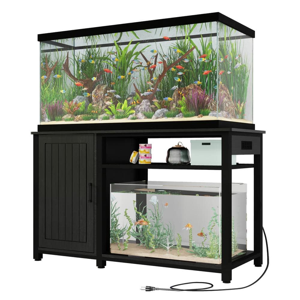 Black 55-75 Gallon Aquarium Stand with Power Outlets, Cabinet for Fish Tank