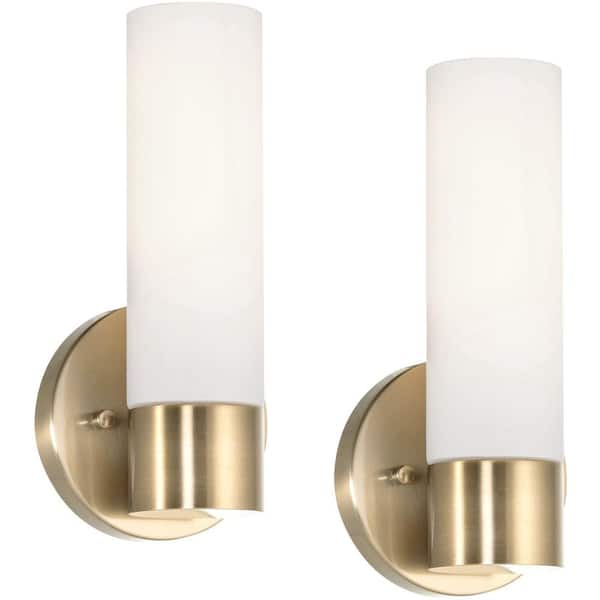 Kira Home Sol 60-Watt 1-Light Cool Brass Modern Wall Sconce with Frosted Shade, 2-Pack