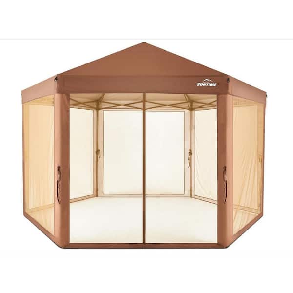 Zeus & Ruta 13 ft. x 13 ft. Brown Outdoor Hexagon Instant Pop Up Gazebo Canopy Tent with Sidewalls for Parties, Outdoor Activities